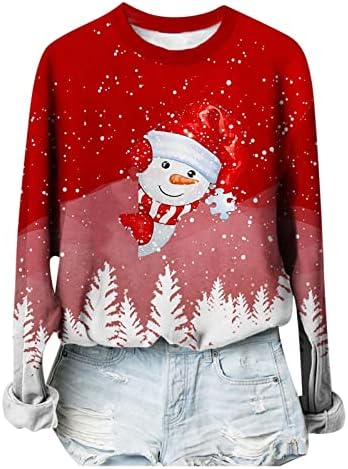 Noel Gömlek Kadınlar için Trendy Sevimli Noel Kardan Adam Baskı Uzun Kollu Kazak Gevşek Fit Rahat Crewneck Tişörtü