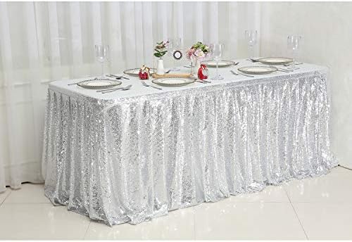 DominiBurl 4FT Gümüş Payet Masa Etek Süslemeleri için Dikdörtgen / Kare / Yuvarlak Masa, düğün Doğum Günü Partisi Aile Toplama