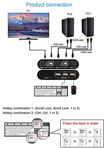 Rybozen KVM Switch HDMI 2 Bağlantı Noktası Kutusu, 2 Bilgisayar için USB ve HDMI Anahtarı Klavye Fare Yazıcısını ve bir HD Monitörü