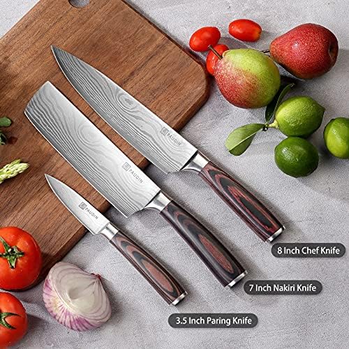 PAUDİN Mutfak Bıçağı Seti, Ultra Keskin Bıçak ve Ahşap Saplı Profesyonel Şef Bıçağı Seti, 3 Adet Alman Yüksek Karbonlu Paslanmaz