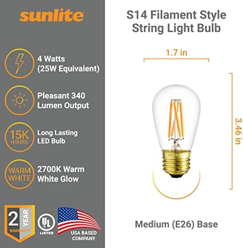 Sunlite 40322 LED S14 Cam Filament Tarzı Dize Ampul, 4 Watt (25W Eşdeğeri), 340 Lümen, Orta Taban (E26), Kısılabilir, UL Listelenen,