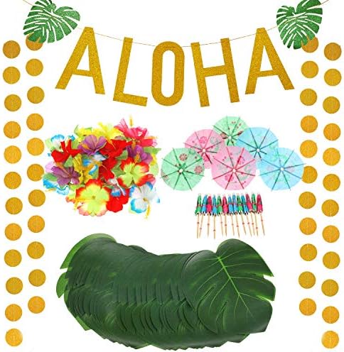 189 Parça Hawaiian Tropikal Luau Tema Parti Süslemeleri Set İçerir Altın Glitter Aloha Banner Karışık Renk Kağıt Şemsiye Tropikal