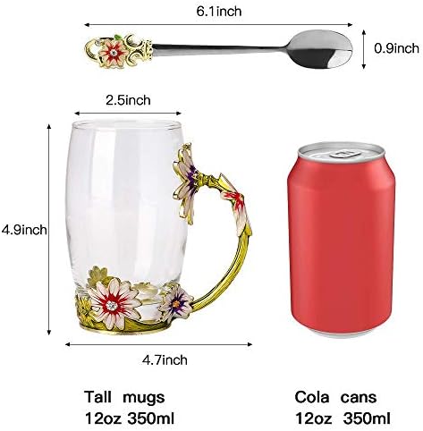 COAWG Cam Çay Bardağı, 12 Oz Cam Kahve Kupa Papatya Kaşık ile Kurşunsuz El Yapımı Emaye Çiçek Temizle Cam Kahve Kupa Noel Hediyeler
