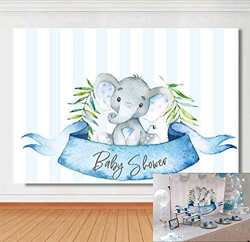 Karikatür Hayvanlar Mavi Sevimli Gri Bebek Fil Fotoğraf Arka Planında Beyaz ve Mavi Şerit Fotoğraf Arka Plan için Bebek Duş Parti