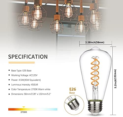 ST58 4.5 W Vintage Edison LED Ampul, Sıcak Beyaz 2700K, Antik Esnek Spiral LED Filament Ampul, 80 + CRI ile 450Lm Kısılabilir,