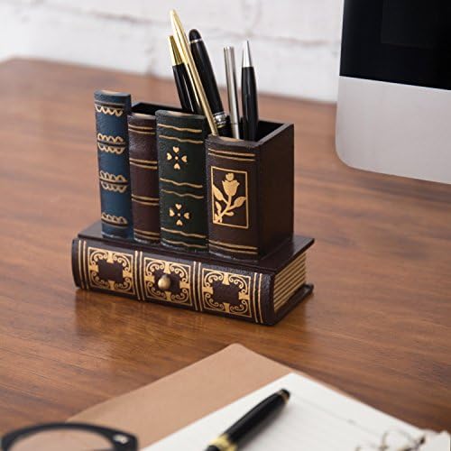 MyGift Dekoratif masa düzenleyici Caddy, kalem ve kalemlik ile Alt depolama çekmecesi ve Antika Kütüphane Kitaplar Tasarım