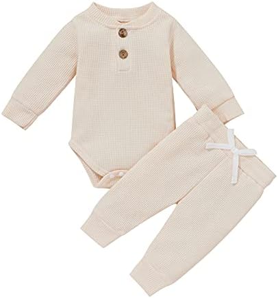 Yenidoğan Erkek Bebek Kız Giysileri Pamuk Örme Sonbahar Kış Kıyafetler Bebek Katı Uzun Kollu Romper Uzun Pantolon 2 Adet Suit