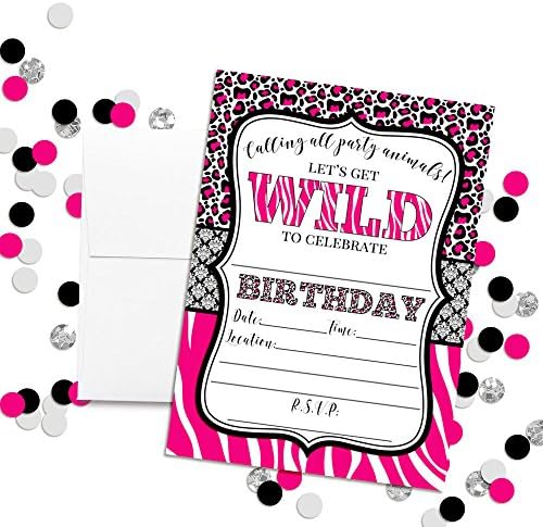 Kızlar için Sıcak Pembe Hayvan Baskı Doğum Günü Partisi Davetiyeleri, 20 5x7 AmandaCreation tarafından Yirmi Beyaz Zarflı Kartları
