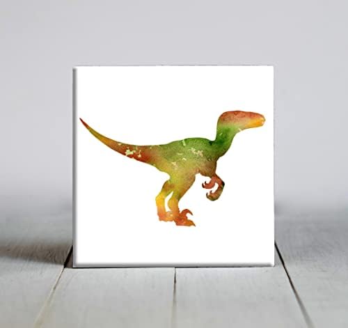 Velociraptor Yeşil Kahverengi Soyut Suluboya Sanat Dekoratif Karo (6 X 6)