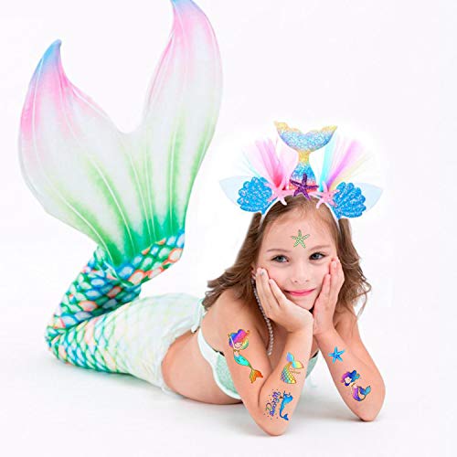 Mermaid Parti Malzemeleri Çocuklar için Geçici Dövmeler - Glitter Mermaid Doğum Günü Partisi Iyilik, Mermaid Kuyruk Süslemeleri