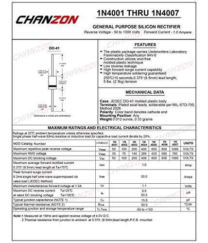 (100 Parça Paketi) Chanzon 1N4004 Doğrultucu Diyot 1A 400 V DO-41 (DO-204AL) Eksenel 4004 IN4004 1 Amp 400 Volt Elektronik Silikon