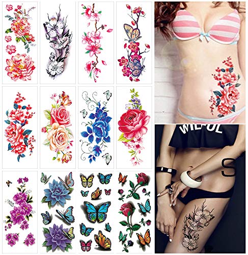 Çiçek Geçici Dövmeler Kadınlar Yetişkinler için 3D Kelebek Gül Dövme Seksi Sahte Dövme Çıkartmalar Su Geçirmez Vücut Sanatı Sıcaklık