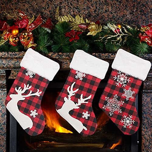 Alapaste 3 PCS Noel Çorap, Noel Çorap Çuval hediye Çantası, 18 İnç Büyük Buffalo Ekose Kontrol ile Beyaz Sahte Peluş Noel Çorap