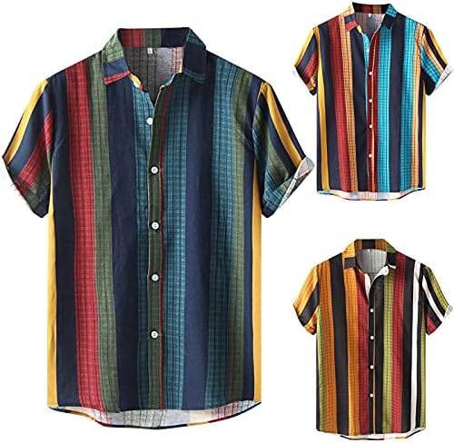 Erkek Renk Kontrast Düğme Aşağı Kısa Kollu Turn-Aşağı Yaka Gömlek Moda Tees Casual Yuvarlak Hem Üst Hawaii Gömlek