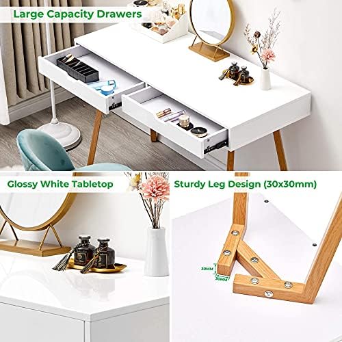 GreenForest Beyaz Masa 2 Çekmeceli, 39 inç makyaj masası Parlak Masaüstü Makyaj tuvalet Masası Kızlar Kadınlar için Yatak Odası