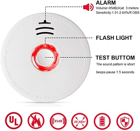 Duman Dedektörü, 3 Paket Fotoelektrik Duman Alarmı Işık Sesli Uyarı ile Yangın Alarmı 9V Pil (Dahil) Ev Otel Okulu vb için Güçlendirilmiş