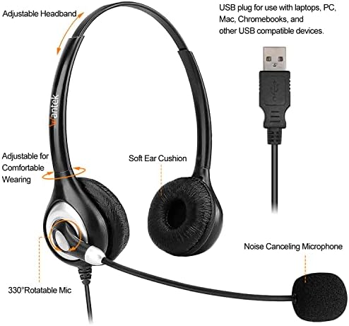 Mikrofonlu Kablolu USB Kulaklık Gürültü Önleme ve hat İçi Kontroller, Dizüstü PC için Wantek Bilgisayar Kulaklıkları Skype Zoom