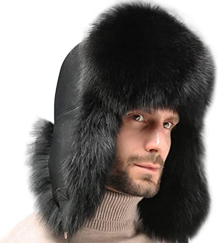 YXCFEWDTrapper Şapka Kış Rus Şapka Erkek Kadın Kürk Şapka ile 100 % Tavşan Kürk Aviator Kış Kulaklığı Şapka Rüzgar Geçirmez