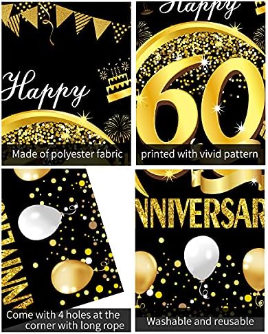 Mutlu 60th Yıldönümü Kapı Afiş Süslemeleri, Siyah Altın 60th Düğün Yıldönümü Kapı Kapak Parti Malzemeleri, Açık Kapalı için 60