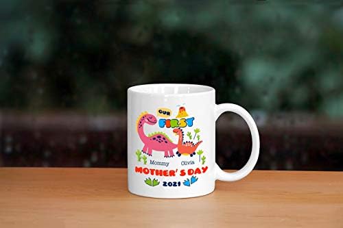 Bizim İlk Anneler Günü 2021, Kişiselleştirilmiş Sevimli Anne ve Bebek Dinozorlar Kupa, Özel Ad ve Tarih Hediye Mevcut Anne için,