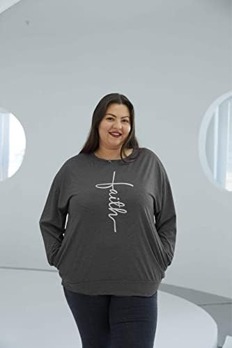HDLTE Artı Boyutu İnanç Gömlek Kadın Uzun Kollu Grafik Tees Hıristiyan Tişörtü ile Cep(1X-4X)