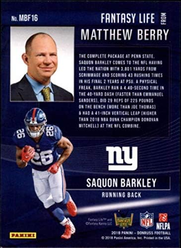 2018 Donruss Matthew Berry'nin Fantasy Life Futbol Kartı 16 Saquon Barkley NM-MT New York Giants Resmi NFL Ticaret Kartı
